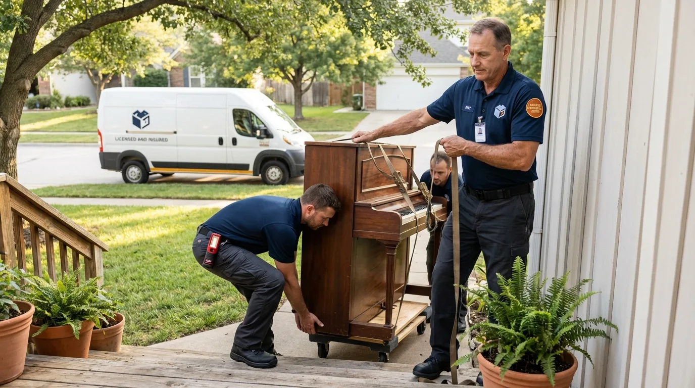 Licensed piano movers securing grand piano in Coal City, WV