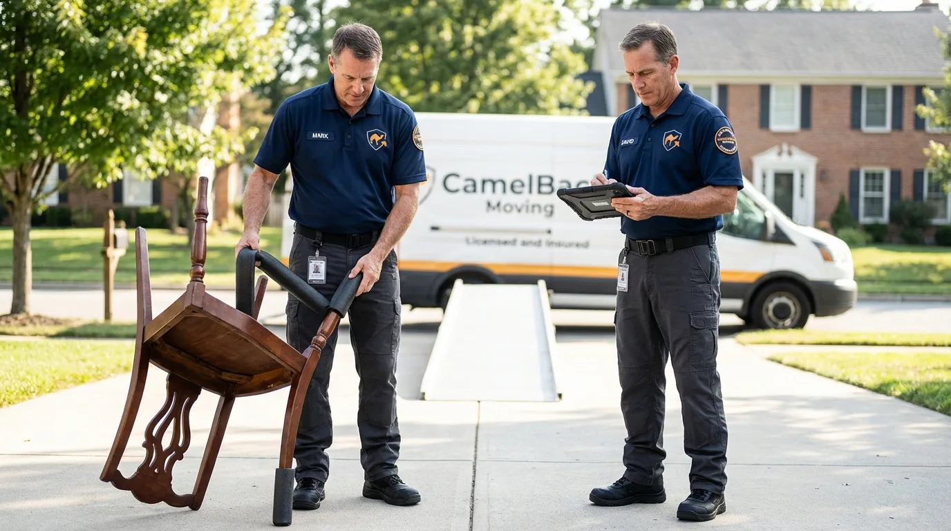 Movers inspecting furniture for damage prevention before loading in Coal City, WV