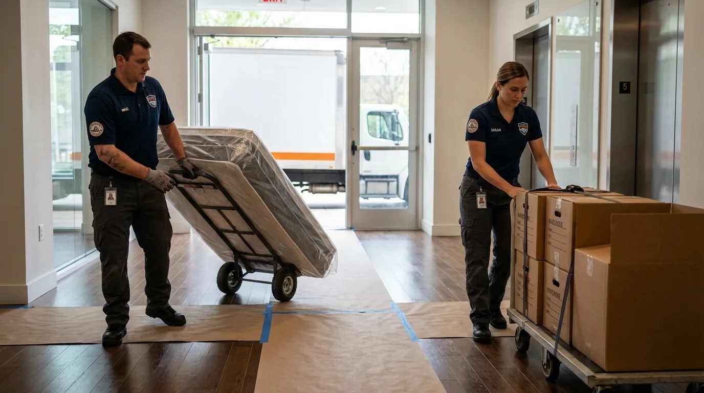 Professional apartment movers loading elevator in Coal City, WV