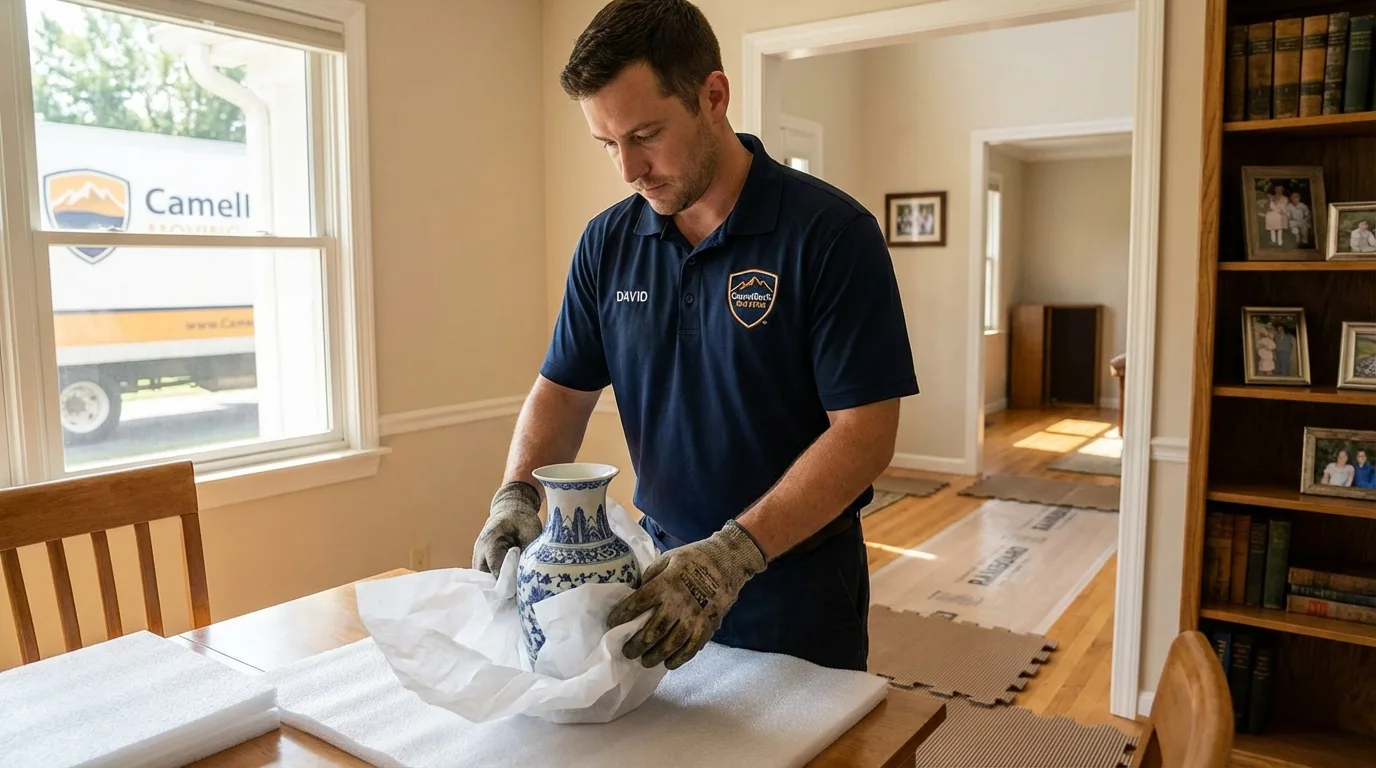Professional crew carefully wrapping antique vase for senior downsizing move in Coal City, WV