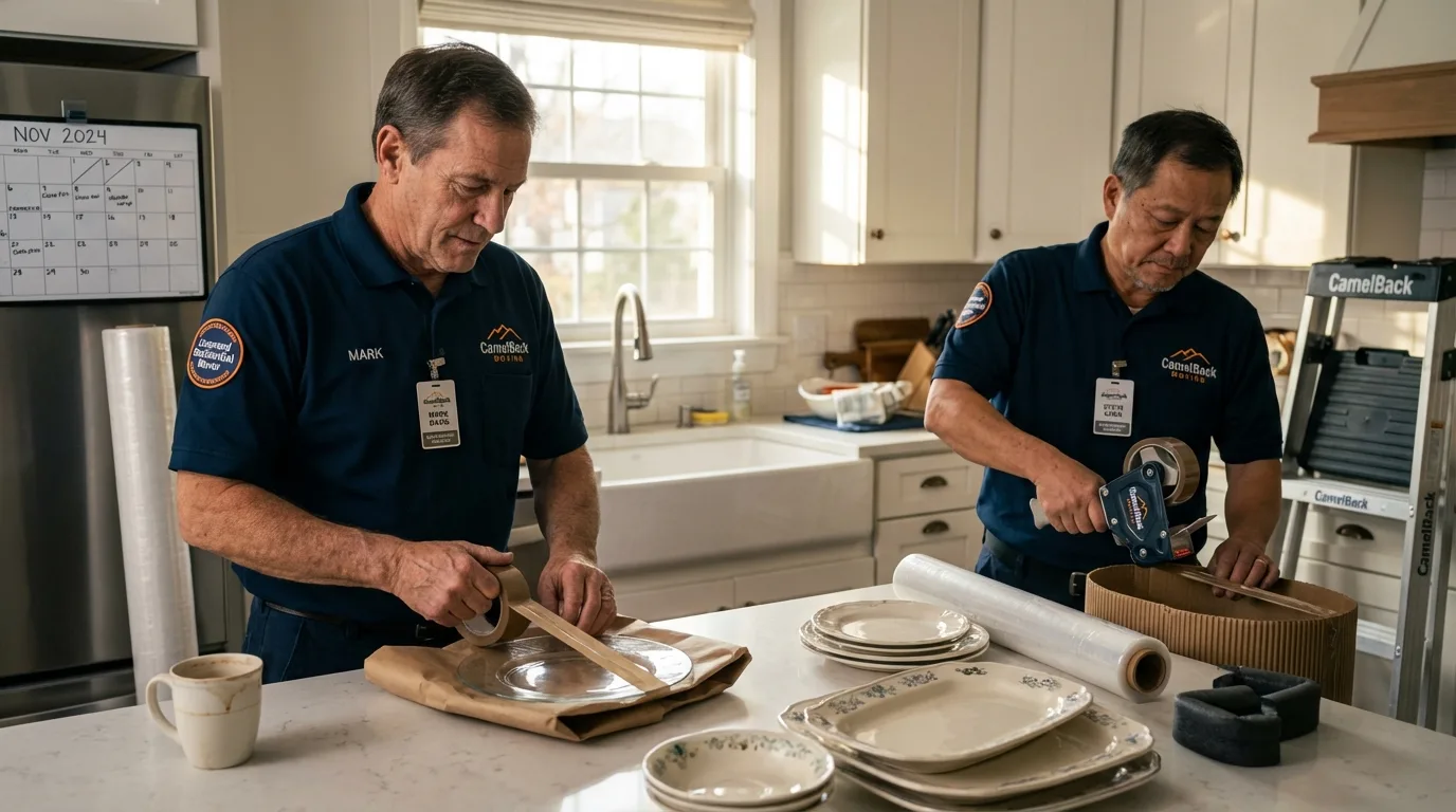 Professional crew packing kitchen dishware in Coal City, WV